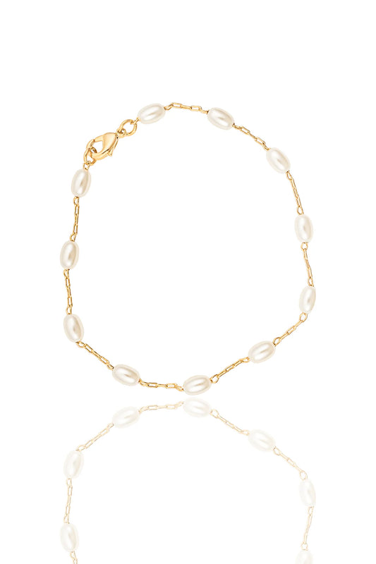 Gold Filled Paperclip Chain Linked Oval Pearl Bracelet