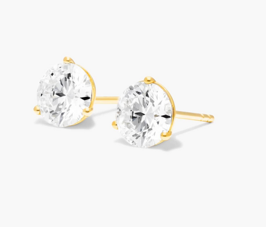 3ct 14K Yellow Gold Three Prong Martini Round Brilliant Diamond Stud Earrings